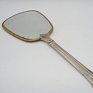 Vintage Antique Victorian Floral Handheld Vanity Mirror Gold Brass Toned 13x5"